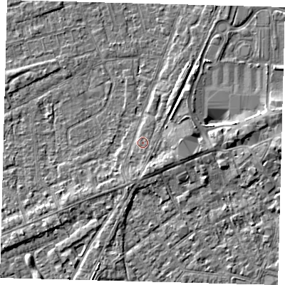 Shaded relief map of the ground around PE111YA, computed from Environment Agency LiDAR. The ground here sits at about 4 m above sea level and falls 4 m across the surrounding 800 m. Surface water reaching this point runs off ground lying to the south-south-east, 1.6 m higher.