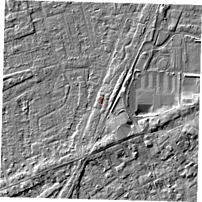 Shaded relief map of the ground around PE111YB, computed from Environment Agency LiDAR. The ground here sits at about 4 m above sea level and falls 4 m across the surrounding 800 m. Surface water reaching this point runs off ground lying to the east, 1.8 m higher.