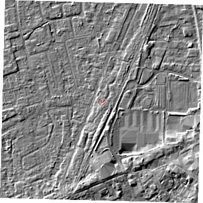 Shaded relief map of the ground around PE111YD, computed from Environment Agency LiDAR. The ground here sits at about 4 m above sea level and falls 5 m across the surrounding 800 m. Surface water reaching this point runs off ground lying to the south, 1.8 m higher.