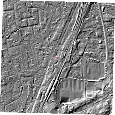 Shaded relief map of the ground around PE111YE, computed from Environment Agency LiDAR. The ground here sits at about 4 m above sea level and falls 5 m across the surrounding 800 m. Surface water reaching this point runs off ground lying to the east-north-east, 1.1 m higher.