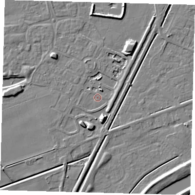 Shaded relief map of the ground around PE111YH, computed from Environment Agency LiDAR. The ground here sits at about 3 m above sea level and falls 11 m across the surrounding 800 m. Surface water reaching this point runs off ground lying to the north, 3.5 m higher.