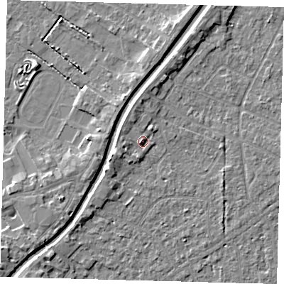 Shaded relief map of the ground around PE111YP, computed from Environment Agency LiDAR. The ground here sits at about 5 m above sea level and falls 4 m across the surrounding 800 m. Surface water reaching this point runs off ground lying to the west-south-west, 1.4 m higher.
