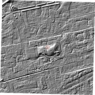 Shaded relief map of the ground around PE111YQ, computed from Environment Agency LiDAR. The ground here sits at about 4 m above sea level and falls 5 m across the surrounding 800 m. Surface water reaching this point runs off ground lying to the east-south-east, 1.9 m higher.