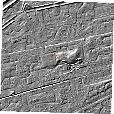 Shaded relief map of the ground around PE111YW, computed from Environment Agency LiDAR. The ground here sits at about 4 m above sea level and falls 5 m across the surrounding 800 m. Surface water reaching this point runs off ground lying to the east-south-east, 1.3 m higher.