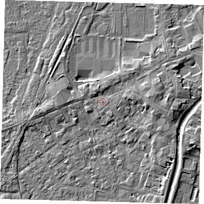 Shaded relief map of the ground around PE111YX, computed from Environment Agency LiDAR. The ground here sits at about 5 m above sea level and falls 5 m across the surrounding 800 m. Surface water reaching this point runs off ground lying to the east, 2.8 m higher.