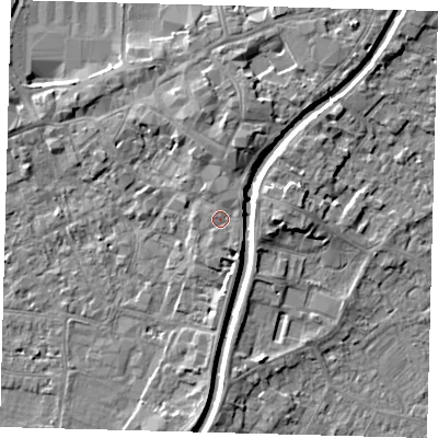 Shaded relief map of the ground around PE111YZ, computed from Environment Agency LiDAR. The ground here sits at about 6 m above sea level and falls 5 m across the surrounding 800 m. Surface water reaching this point runs off ground lying to the north-east, 1.3 m higher.