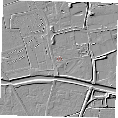 Shaded relief map of the ground around PE111ZD, computed from Environment Agency LiDAR. The ground here sits at about 3 m above sea level and falls 8 m across the surrounding 800 m. Surface water reaching this point runs off ground lying to the south, 1.1 m higher.