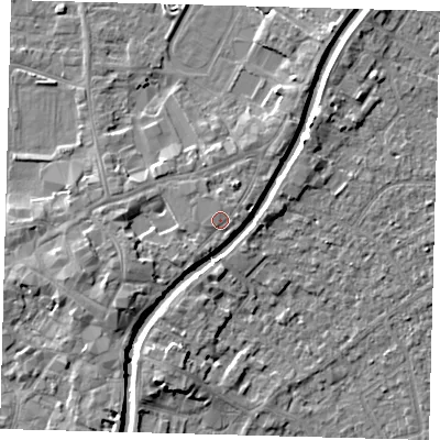 Shaded relief map of the ground around PE112AA, computed from Environment Agency LiDAR. The ground here sits at about 6 m above sea level and falls 5 m across the surrounding 800 m. Surface water reaching this point runs off ground lying to the east-north-east, 0.8 m higher.