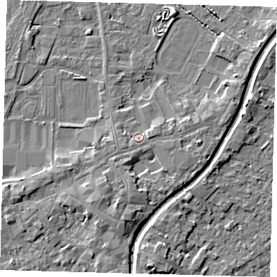 Shaded relief map of the ground around PE112AD, computed from Environment Agency LiDAR. The ground here sits at about 5 m above sea level and falls 5 m across the surrounding 800 m. Surface water reaching this point runs off ground lying to the south-west, 1.4 m higher.
