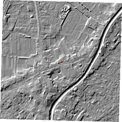 Shaded relief map of the ground around PE112AF, computed from Environment Agency LiDAR. The ground here sits at about 6 m above sea level and falls 5 m across the surrounding 800 m. Surface water reaching this point runs off ground lying to the south-west, 0.9 m higher.
