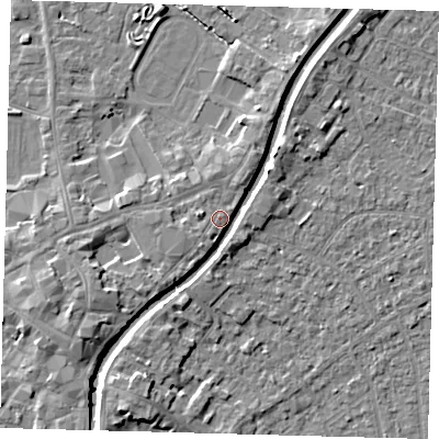 Shaded relief map of the ground around PE112AS, computed from Environment Agency LiDAR. The ground here sits at about 5 m above sea level and falls 5 m across the surrounding 800 m. Surface water reaching this point runs off ground lying to the north-east, 3.5 m higher.
