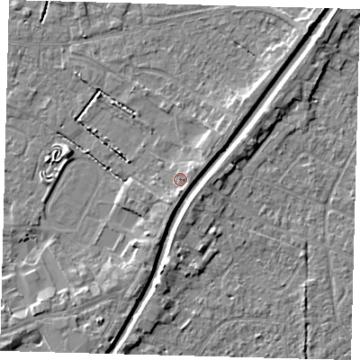 Shaded relief map of the ground around PE112AU, computed from Environment Agency LiDAR. The ground here sits at about 4 m above sea level and falls 4 m across the surrounding 800 m. Surface water reaching this point runs off ground lying to the south, 1.6 m higher.