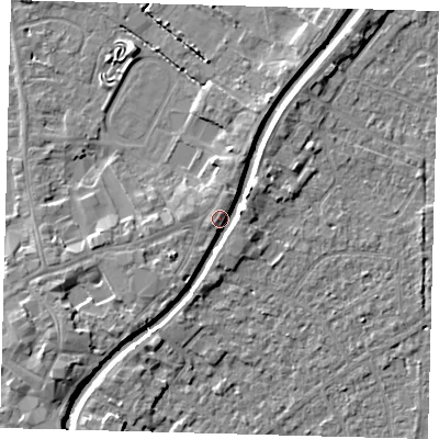 Shaded relief map of the ground around PE112BF, computed from Environment Agency LiDAR. The ground here sits at about 6 m above sea level and falls 5 m across the surrounding 800 m. Surface water reaching this point runs off ground lying to the north-east, 3.5 m higher.