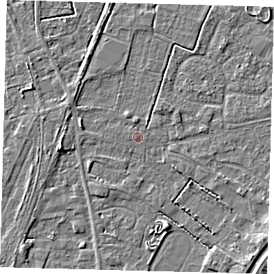 Shaded relief map of the ground around PE112BH, computed from Environment Agency LiDAR. The ground here sits at about 4 m above sea level and falls 5 m across the surrounding 800 m. Surface water reaching this point runs off ground lying to the north, 0.9 m higher.