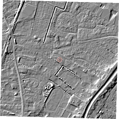 Shaded relief map of the ground around PE112BY, computed from Environment Agency LiDAR. The ground here sits at about 4 m above sea level and falls 5 m across the surrounding 800 m. Surface water reaching this point runs off ground lying to the south-west, 1.0 m higher.