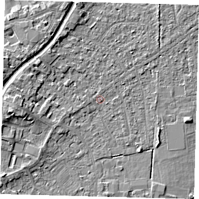 Shaded relief map of the ground around PE112DS, computed from Environment Agency LiDAR. The ground here sits at about 3 m above sea level and falls 6 m across the surrounding 800 m. Surface water reaching this point runs off ground lying to the west, 4.5 m higher.
