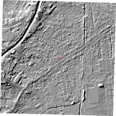 Shaded relief map of the ground around PE112DU, computed from Environment Agency LiDAR. The ground here sits at about 4 m above sea level and falls 6 m across the surrounding 800 m. Surface water reaching this point runs off ground lying to the south-south-east, 0.6 m higher.