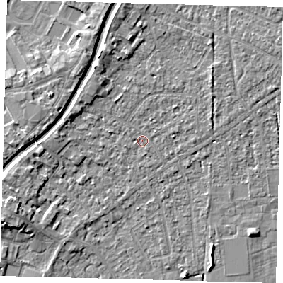Shaded relief map of the ground around PE112DZ, computed from Environment Agency LiDAR. The ground here sits at about 4 m above sea level and falls 6 m across the surrounding 800 m. Surface water reaching this point runs off ground lying to the west, 2.4 m higher.