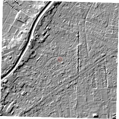 Shaded relief map of the ground around PE112EB, computed from Environment Agency LiDAR. The ground here sits at about 4 m above sea level and falls 5 m across the surrounding 800 m. Surface water reaching this point runs off ground lying to the north-east, 0.9 m higher.