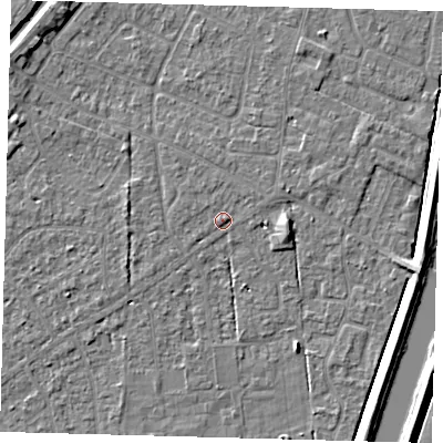 Shaded relief map of the ground around PE112EL, computed from Environment Agency LiDAR. The ground here sits at about 4 m above sea level and falls 5 m across the surrounding 800 m. Surface water reaching this point runs off ground lying to the west, 1.4 m higher.