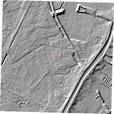 Shaded relief map of the ground around PE112FD, computed from Environment Agency LiDAR. The ground here sits at about 4 m above sea level and falls 9 m across the surrounding 800 m. Surface water reaching this point runs off ground lying to the east-north-east, 0.5 m higher.