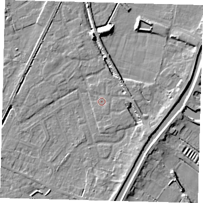 Shaded relief map of the ground around PE112FE, computed from Environment Agency LiDAR. The ground here sits at about 4 m above sea level and falls 9 m across the surrounding 800 m. Surface water reaching this point runs off ground lying to the east-north-east, 2.3 m higher.
