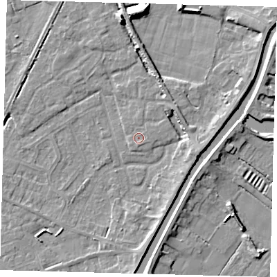 Shaded relief map of the ground around PE112FF, computed from Environment Agency LiDAR. The ground here sits at about 4 m above sea level and falls 9 m across the surrounding 800 m. Surface water reaching this point runs off ground lying to the south, 0.7 m higher.