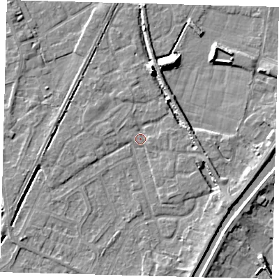 Shaded relief map of the ground around PE112FG, computed from Environment Agency LiDAR. The ground here sits at about 3 m above sea level and falls 9 m across the surrounding 800 m. Surface water reaching this point runs off ground lying to the north, 6.6 m higher.
