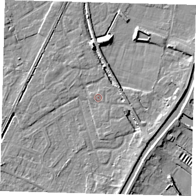 Shaded relief map of the ground around PE112FH, computed from Environment Agency LiDAR. The ground here sits at about 4 m above sea level and falls 9 m across the surrounding 800 m. Surface water reaching this point runs off ground lying to the east, 2.3 m higher.