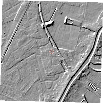 Shaded relief map of the ground around PE112FL, computed from Environment Agency LiDAR. The ground here sits at about 4 m above sea level and falls 9 m across the surrounding 800 m. The ground contributing surface water to this point lies to the south-east.