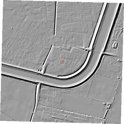 Shaded relief map of the ground around PE112FN, computed from Environment Agency LiDAR. The ground here sits at about 4 m above sea level and falls 6 m across the surrounding 800 m. The ground contributing surface water to this point lies to the south-south-east.
