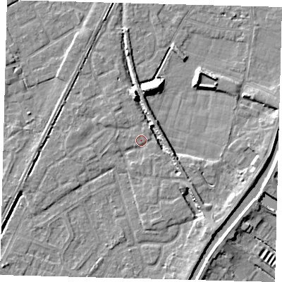 Shaded relief map of the ground around PE112FP, computed from Environment Agency LiDAR. The ground here sits at about 4 m above sea level and falls 9 m across the surrounding 800 m. Surface water reaching this point runs off ground lying to the north, 6.6 m higher.