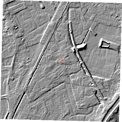 Shaded relief map of the ground around PE112FR, computed from Environment Agency LiDAR. The ground here sits at about 4 m above sea level and falls 9 m across the surrounding 800 m. Surface water reaching this point runs off ground lying to the north-east, 1.0 m higher.