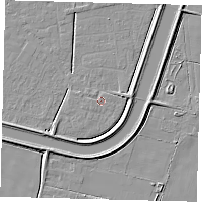 Shaded relief map of the ground around PE112FZ, computed from Environment Agency LiDAR. The ground here sits at about 3 m above sea level and falls 6 m across the surrounding 800 m. Surface water reaching this point runs off ground lying to the south-west, 5.8 m higher.