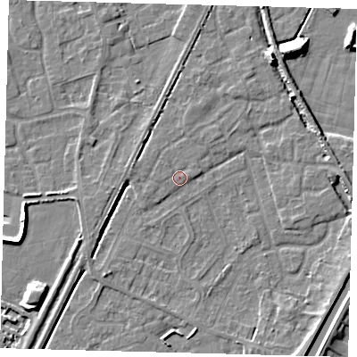 Shaded relief map of the ground around PE112GE, computed from Environment Agency LiDAR. The ground here sits at about 3 m above sea level and falls 9 m across the surrounding 800 m. Surface water reaching this point runs off ground lying to the west, 3.0 m higher.