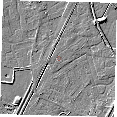 Shaded relief map of the ground around PE112GF, computed from Environment Agency LiDAR. The ground here sits at about 4 m above sea level and falls 9 m across the surrounding 800 m. Surface water reaching this point runs off ground lying to the west, 1.9 m higher.