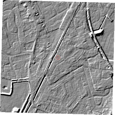 Shaded relief map of the ground around PE112GG, computed from Environment Agency LiDAR. The ground here sits at about 3 m above sea level and falls 9 m across the surrounding 800 m. Surface water reaching this point runs off ground lying to the south-west, 1.9 m higher.