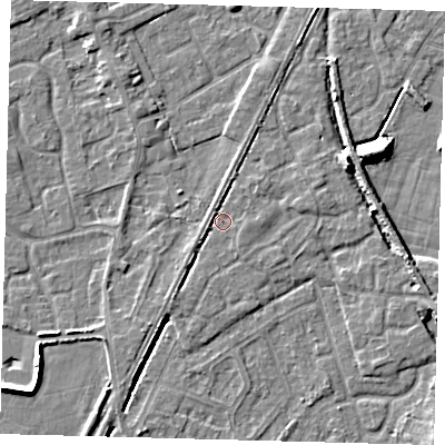 Shaded relief map of the ground around PE112GH, computed from Environment Agency LiDAR. The ground here sits at about 4 m above sea level and falls 9 m across the surrounding 800 m. Surface water reaching this point runs off ground lying to the south-south-west, 1.9 m higher.