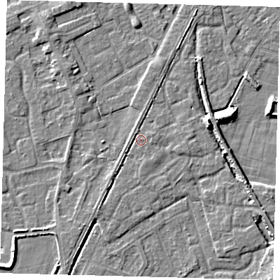 Shaded relief map of the ground around PE112GJ, computed from Environment Agency LiDAR. The ground here sits at about 4 m above sea level and falls 9 m across the surrounding 800 m. Surface water reaching this point runs off ground lying to the west, 1.3 m higher.