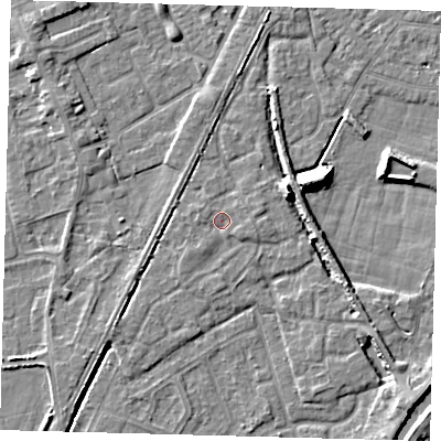 Shaded relief map of the ground around PE112GL, computed from Environment Agency LiDAR. The ground here sits at about 4 m above sea level and falls 9 m across the surrounding 800 m. Surface water reaching this point runs off ground lying to the east-north-east, 1.0 m higher.