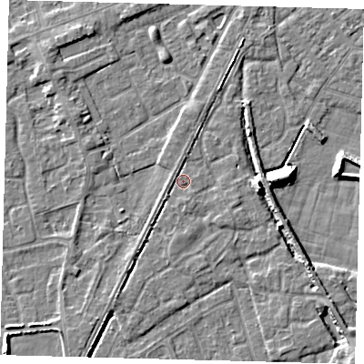 Shaded relief map of the ground around PE112GN, computed from Environment Agency LiDAR. The ground here sits at about 4 m above sea level and falls 9 m across the surrounding 800 m. Surface water reaching this point runs off ground lying to the south, 1.0 m higher.
