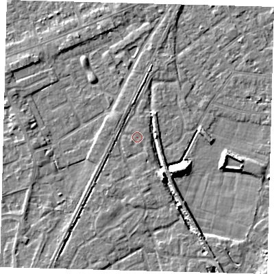 Shaded relief map of the ground around PE112GS, computed from Environment Agency LiDAR. The ground here sits at about 4 m above sea level and falls 9 m across the surrounding 800 m. Surface water reaching this point runs off ground lying to the south-south-east, 7.1 m higher.