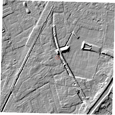 Shaded relief map of the ground around PE112GW, computed from Environment Agency LiDAR. The ground here sits at about 4 m above sea level and falls 9 m across the surrounding 800 m. Surface water reaching this point runs off ground lying to the north, 6.6 m higher.