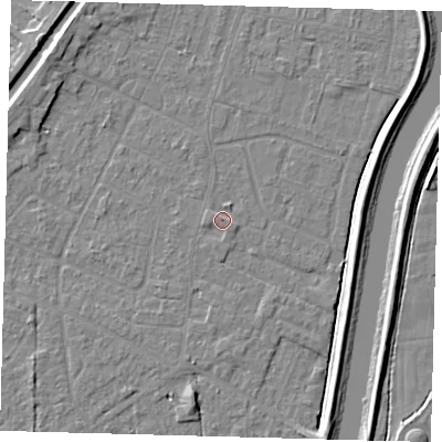 Shaded relief map of the ground around PE112GY, computed from Environment Agency LiDAR. The ground here sits at about 4 m above sea level and falls 5 m across the surrounding 800 m. Surface water reaching this point runs off ground lying to the south-east, 0.8 m higher.