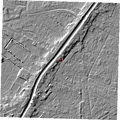 Shaded relief map of the ground around PE112HD, computed from Environment Agency LiDAR. The ground here sits at about 5 m above sea level and falls 4 m across the surrounding 800 m. Surface water reaching this point runs off ground lying to the west, 2.2 m higher.