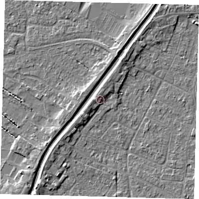 Shaded relief map of the ground around PE112HE, computed from Environment Agency LiDAR. The ground here sits at about 5 m above sea level and falls 4 m across the surrounding 800 m. Surface water reaching this point runs off ground lying to the west-north-west, 2.0 m higher.