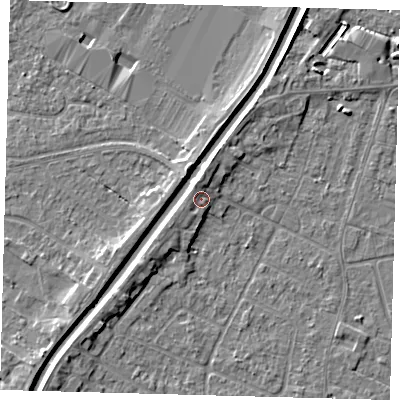 Shaded relief map of the ground around PE112HG, computed from Environment Agency LiDAR. The ground here sits at about 5 m above sea level and falls 4 m across the surrounding 800 m. Surface water reaching this point runs off ground lying to the west-north-west, 1.0 m higher.