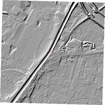 Shaded relief map of the ground around PE112HJ, computed from Environment Agency LiDAR. The ground here sits at about 5 m above sea level and falls 6 m across the surrounding 800 m. Surface water reaching this point runs off ground lying to the north-north-east, 3.4 m higher.
