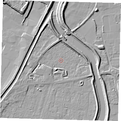 Shaded relief map of the ground around PE112HT, computed from Environment Agency LiDAR. The ground here sits at about 4 m above sea level and falls 11 m across the surrounding 800 m. Surface water reaching this point runs off ground lying to the north-north-west, 6.1 m higher.