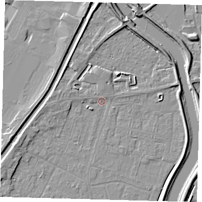 Shaded relief map of the ground around PE112HX, computed from Environment Agency LiDAR. The ground here sits at about 4 m above sea level and falls 6 m across the surrounding 800 m. Surface water reaching this point runs off ground lying to the south-west, 1.6 m higher.